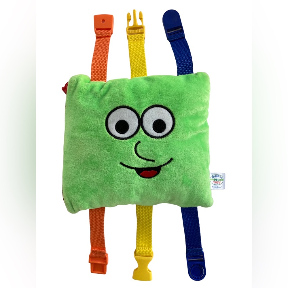Buckle Toys Buster Green 6.5" Plush Activity Square Pillow Pouch Learning Toy